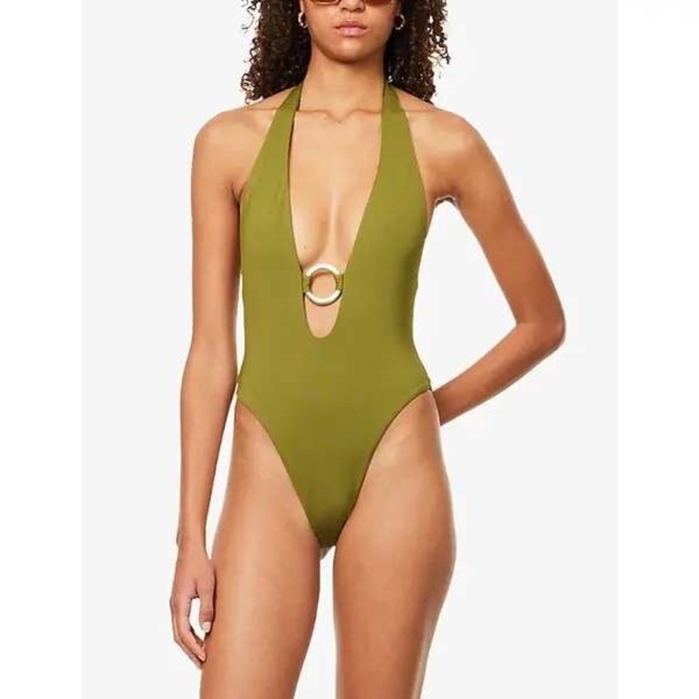 NWOT Monday Swimwear S Montego Plunge ring-detail One-piece Swimsuit Halter